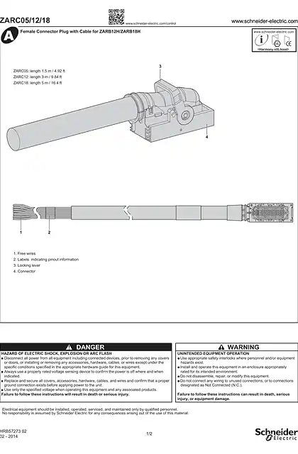 schneider施耐德ZARC05_12_18 Female Connector Plug with Cable for ZARB12H.._ZARB18H.._ Instruction Sheet